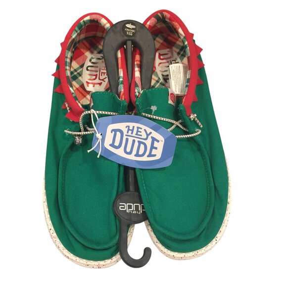 HEY DUDE Wally Men's Size 12 Red Green ELF Holiday Shoes Jingle Bells - Picture 1 of 6